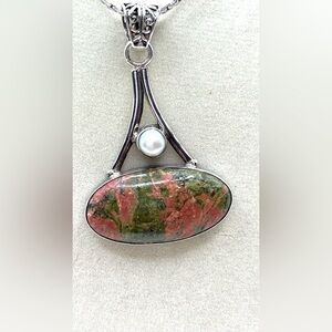 Vintage Large Green Orange Unakite Jasper Pearl Sterling Silver Necklace Pendant